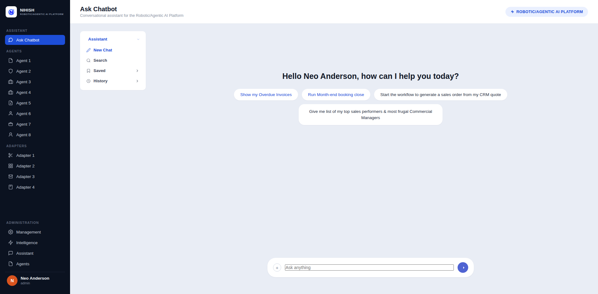 Nihish Robotic/Agentic AI Platform landing page showing the Ask Chatbot, Agents, Adapters and Administration console